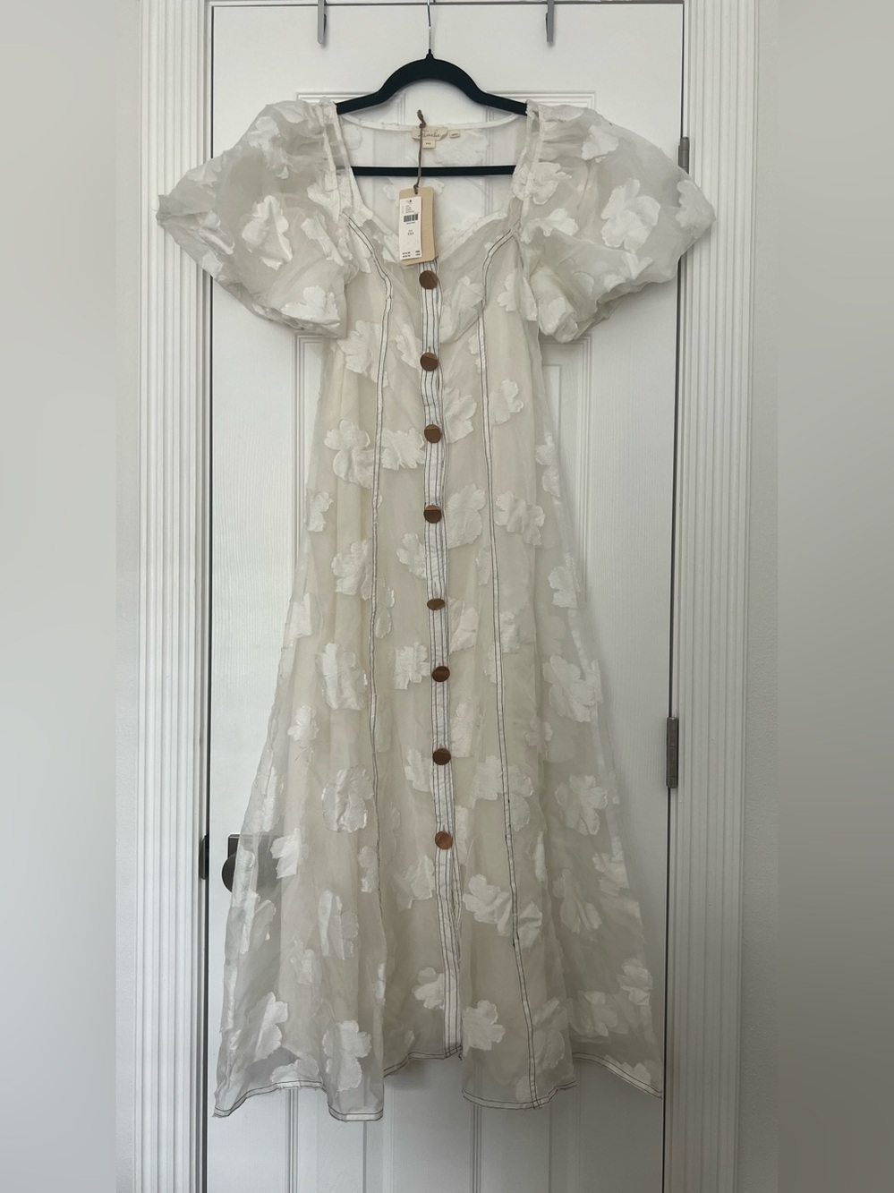 NWT Anthropologie Let Me Be Puff-Sleeve Sheer Midi Dress-White, Size XXS - Picture 4 of 10